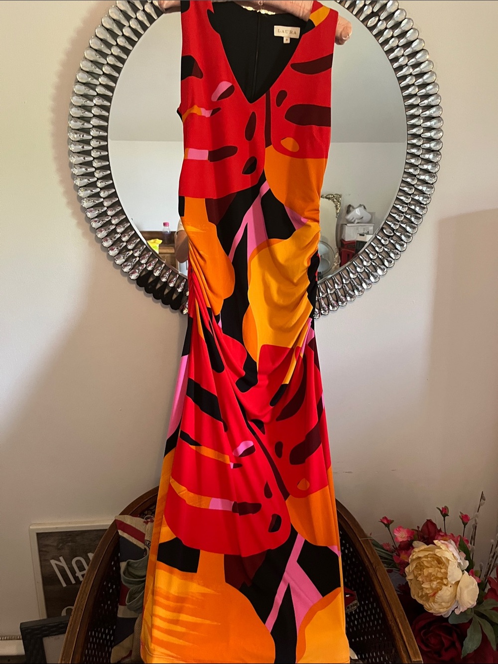 Laura Aura Vibrant Red, Orange & Pink Abstract Maxi Dress